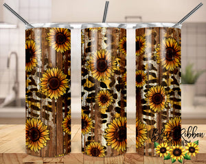 20 Ounce Skinny Stainless Double-Walled Tumbler - Leopard & Wood Sunflowers
