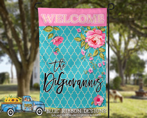 12X18" Single or Double Sided Teal and Pink Quatrefoil Garden Flag