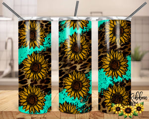 20 Ounce Skinny Stainless Double-Walled Tumbler - Teal Sunflowers & Leopard