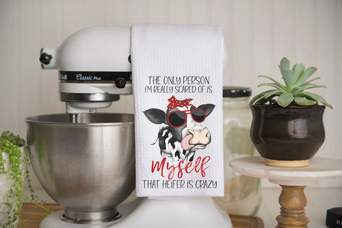 The Only Person I'm Scared of Is Me Cow Waffle Weave Kitchen Towel