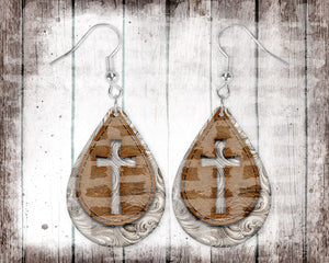 Tooled Leather and Crosses Teardrop Earrings