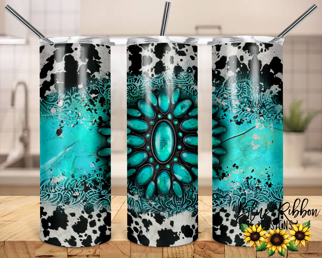 20 Ounce Skinny Stainless Double-Walled Tumbler - Turquoise & Cowhide
