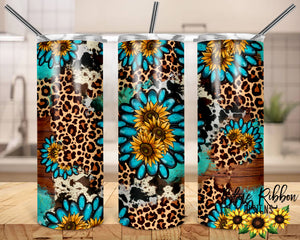 20 Ounce Skinny Stainless Double-Walled Tumbler - Turquoise & Sunflowers