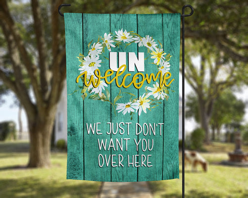 Social Distancing UNWelcome Green Barn Wood & Daisy Wreath Garden Flag