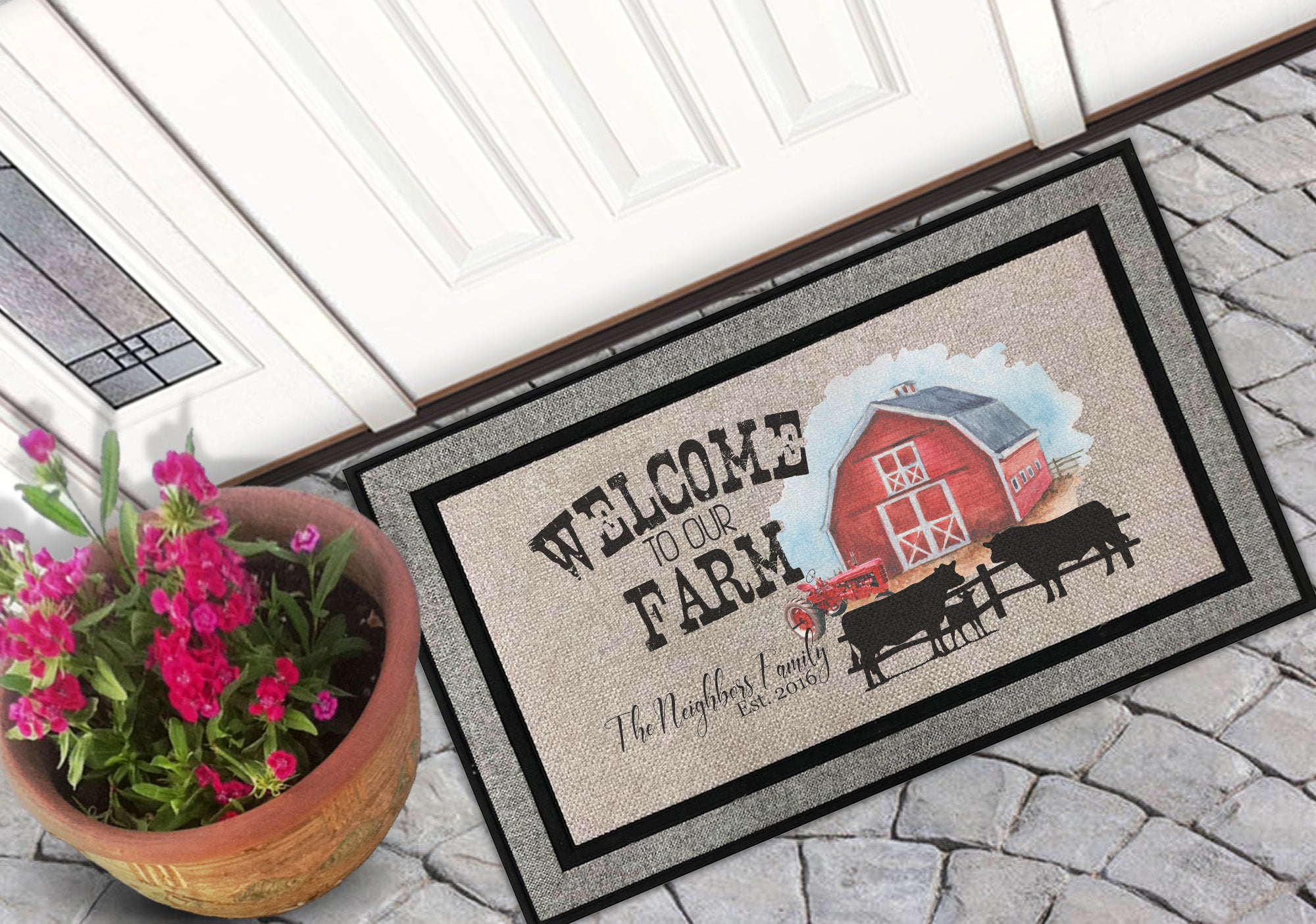to Our Farm Cows or Horses 18" x 30" Rubber Backed Door Mat Blue Ribbon Designs