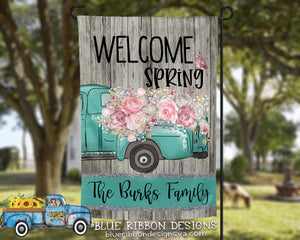 12X18" Single or Double Sided Welcome Spring Teal Truck Garden Flag